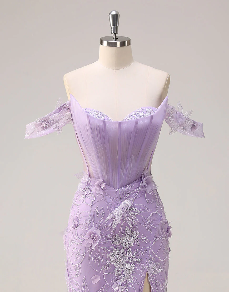 Robe de bal sirène sans bretelles avec fleurs 3D et fente en dentelle – Image 5