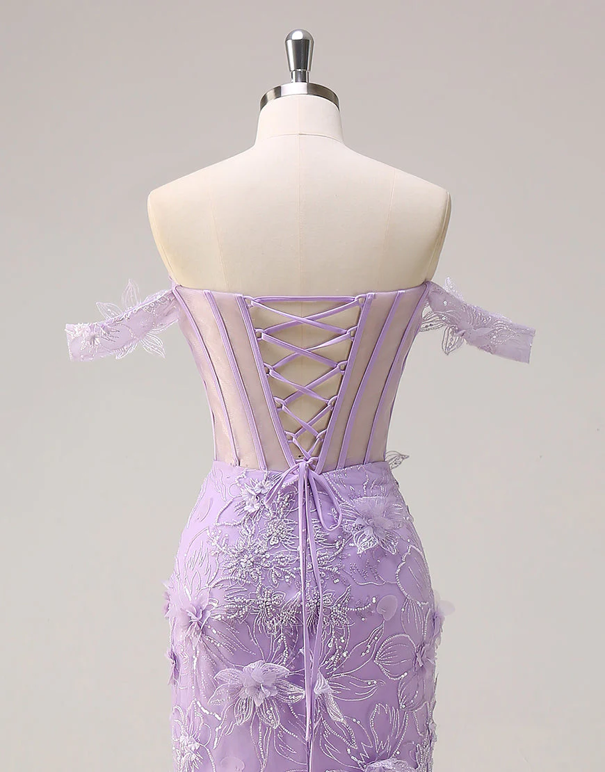Robe de bal sirène sans bretelles avec fleurs 3D et fente en dentelle – Image 6