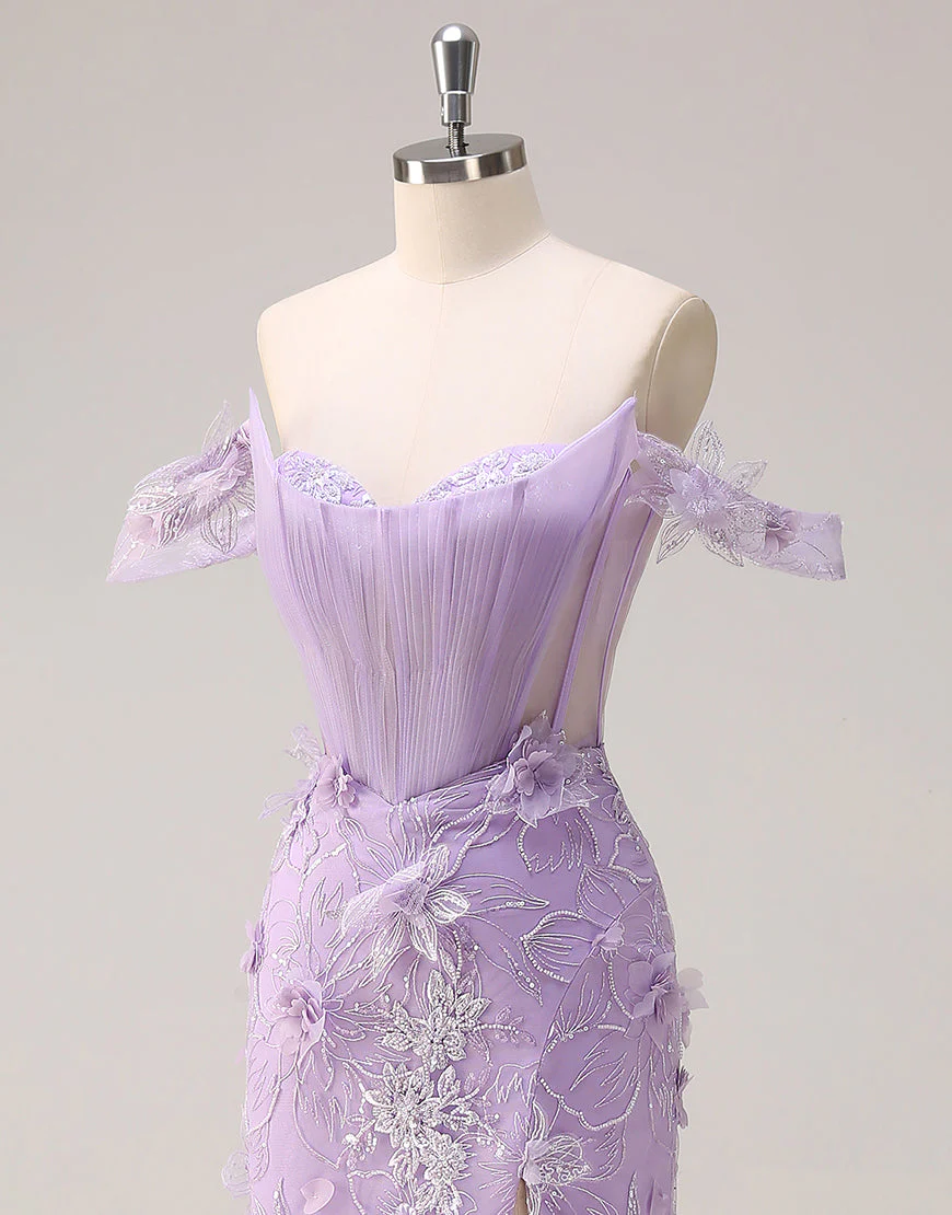 Robe de bal sirène sans bretelles avec fleurs 3D et fente en dentelle – Image 7