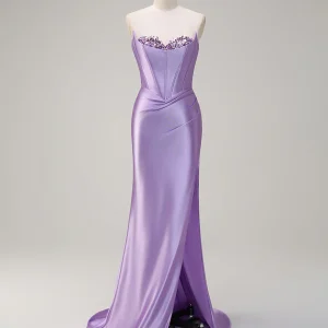 Robe de bal sirène à col bateau et cristaux avec fente