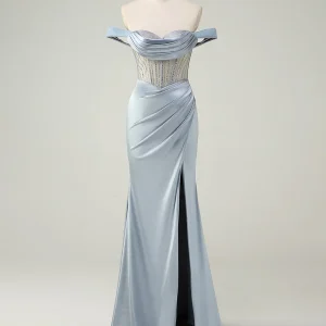Robe de bal sirène bleu poudré sans bretelles avec perles et fronces