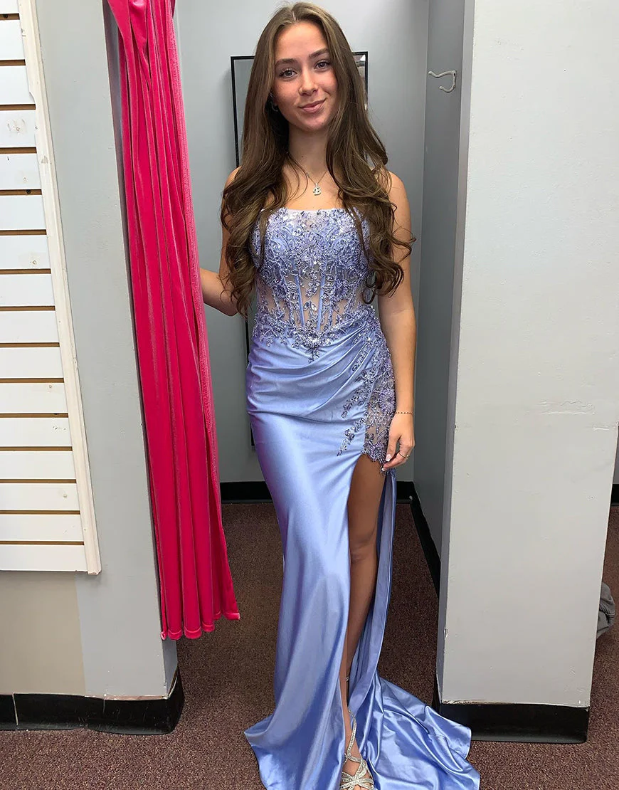 Robe de bal longue en satin bleu gris sans bretelles avec appliques de style sirène et fente – Image 2