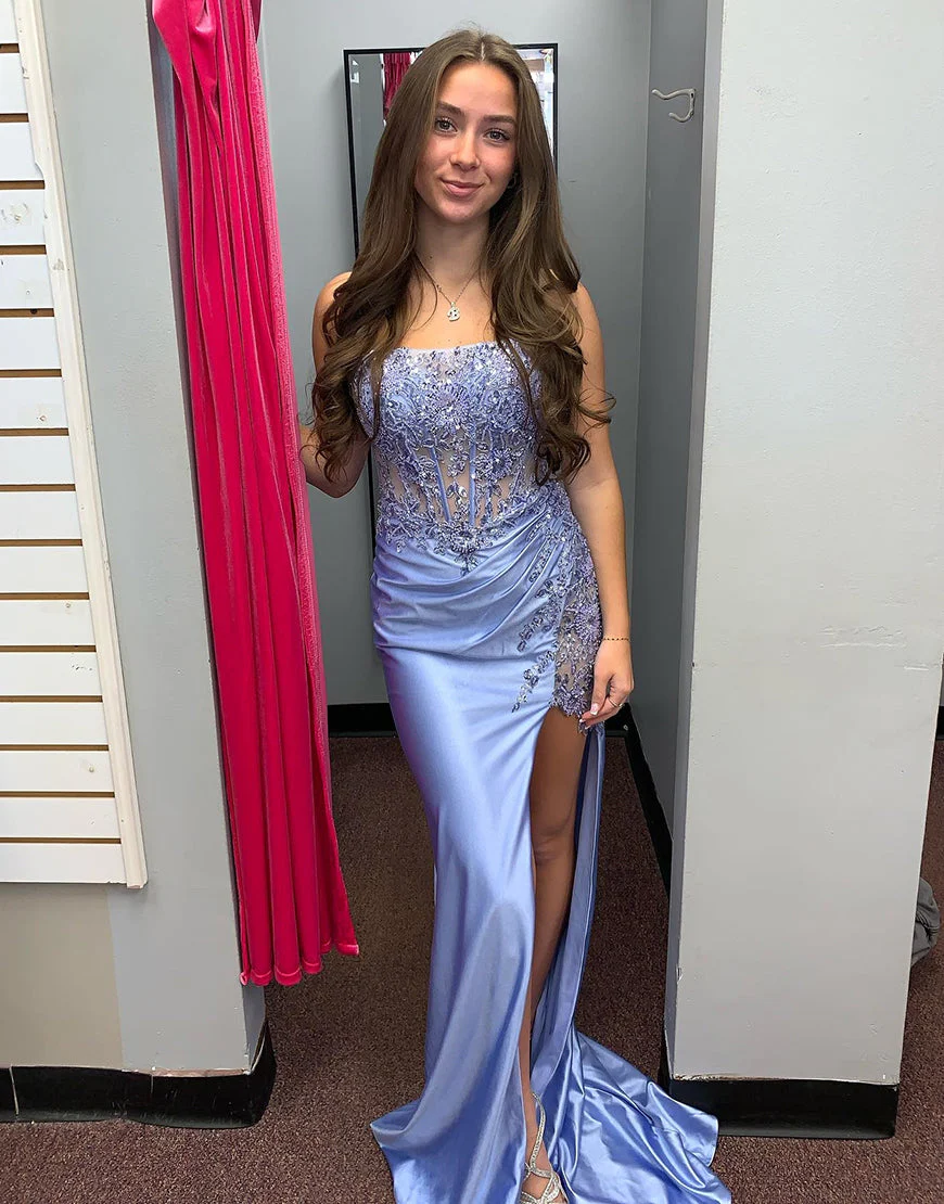 Robe de bal longue en satin bleu gris sans bretelles avec appliques de style sirène et fente – Image 4