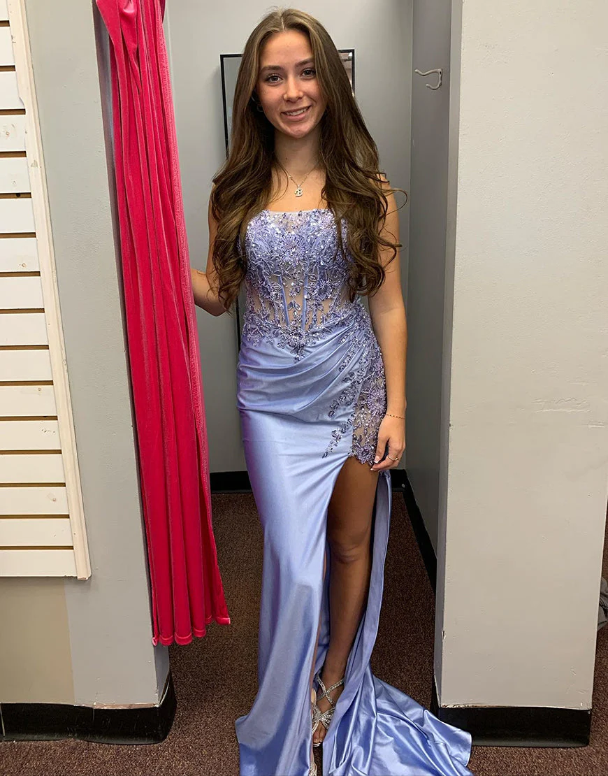 Robe de bal longue en satin bleu gris sans bretelles avec appliques de style sirène et fente – Image 6