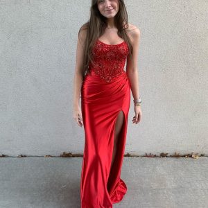 Robe de bal longue sirène à bretelles spaghetti rouges pailletées