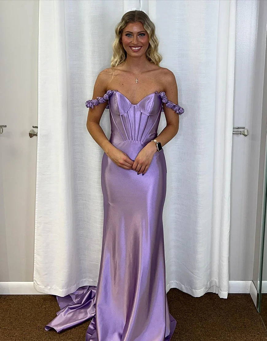 Robe de bal longue sirène en satin à épaules dénudées lilas tendance