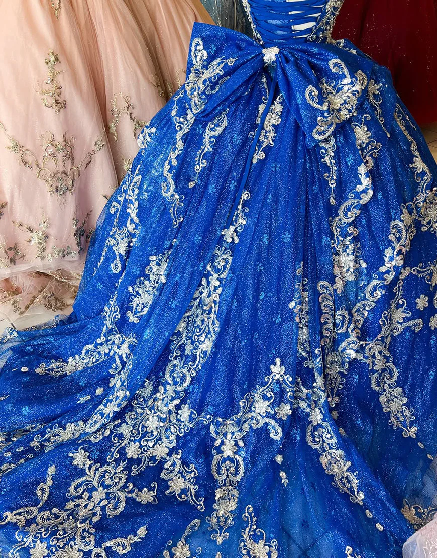 Robe de bal bleu royal à appliqués spaghetti et nœud – Image 3