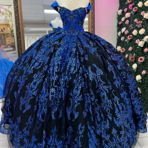 Robe de princesse Quinceanera bleu royal scintillante à épaules dénudées avec paillettes et appliques