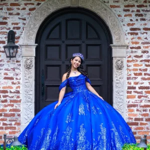 Robe de Quinceanera en tulle bleu royal avec appliques à paillettes et épaules dénudées