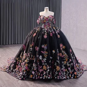 Robe de princesse noire à épaules dénudées et broderies appliquées