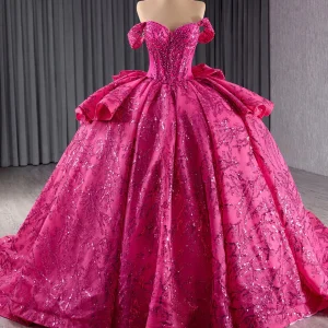 Robe de princesse Quinceanera à paillettes fuchsia scintillantes sans bretelles avec perles