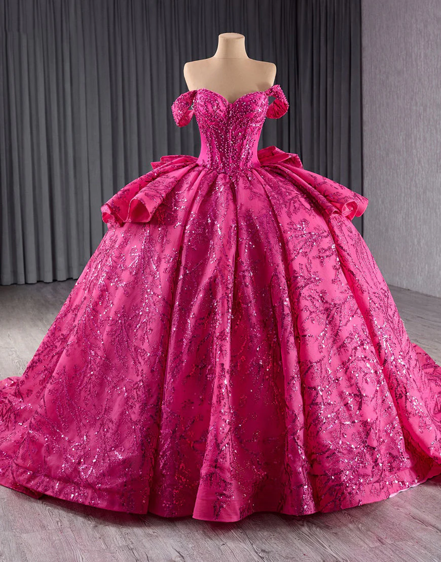 Robe de princesse Quinceanera à paillettes fuchsia scintillantes sans bretelles avec perles – Image 2