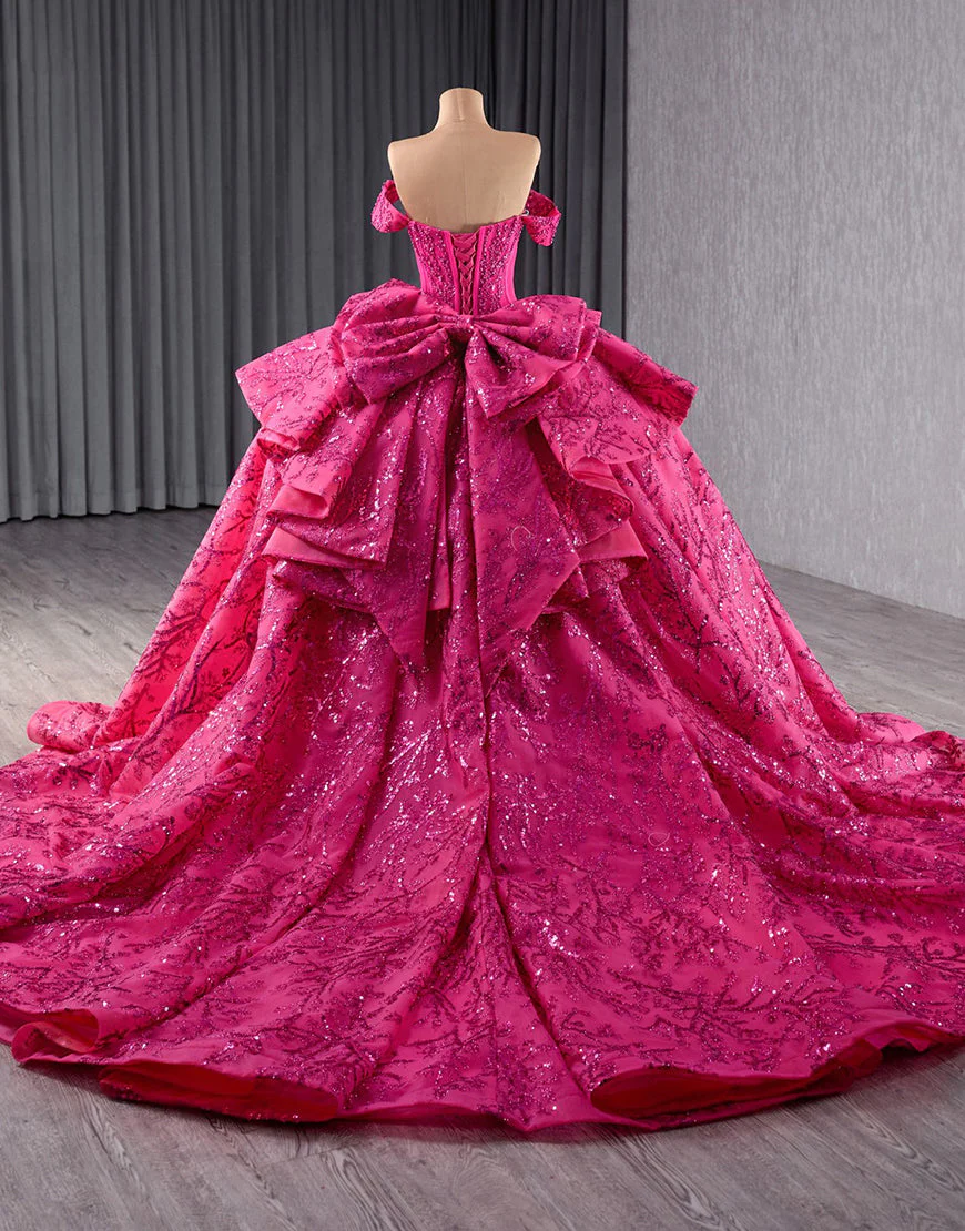 Robe de princesse Quinceanera à paillettes fuchsia scintillantes sans bretelles avec perles – Image 3