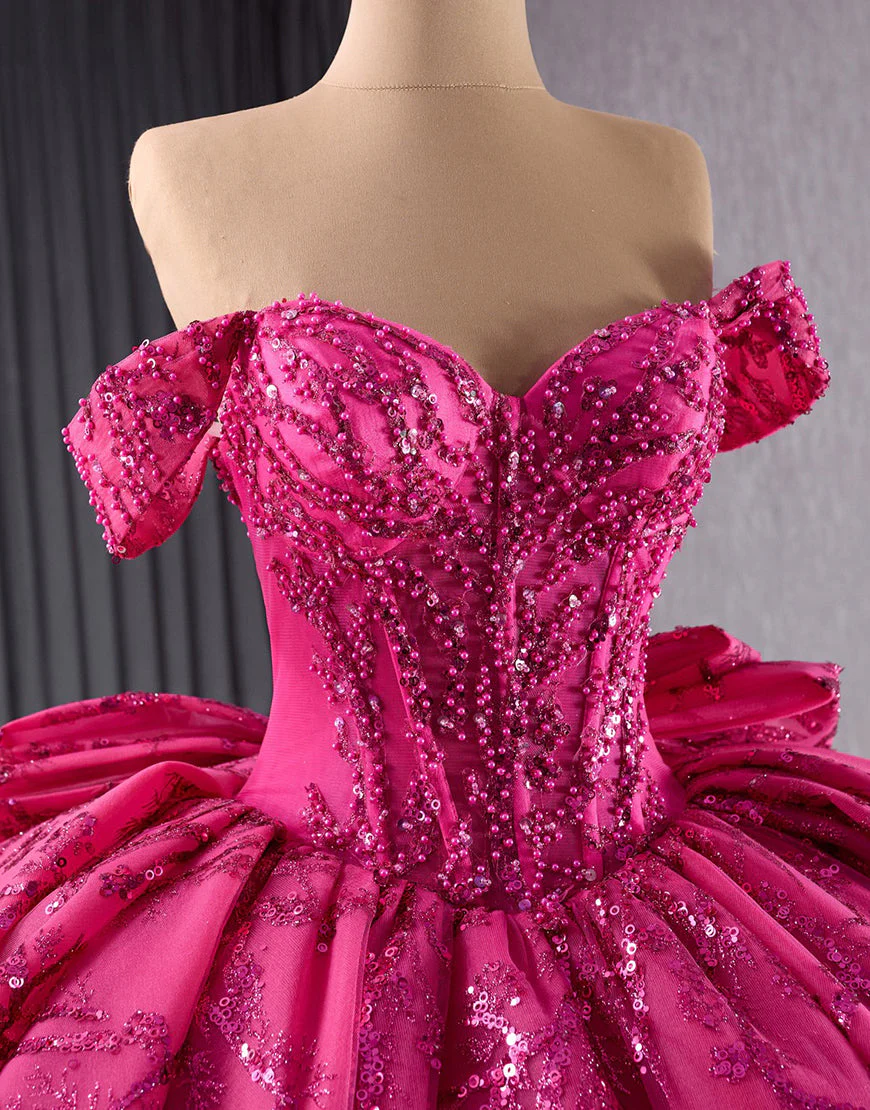 Robe de princesse Quinceanera à paillettes fuchsia scintillantes sans bretelles avec perles – Image 4