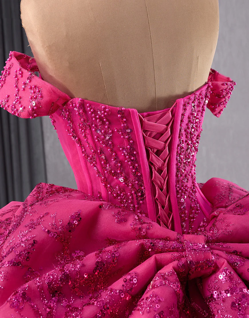 Robe de princesse Quinceanera à paillettes fuchsia scintillantes sans bretelles avec perles – Image 5