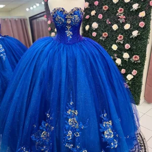 Robe de princesse Quinceanera à paillettes bleu royal scintillantes sans bretelles avec appliques