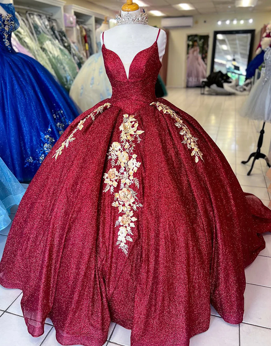 Robe de princesse Quinceanera à paillettes et bretelles spaghetti bordeaux scintillantes – Image 2