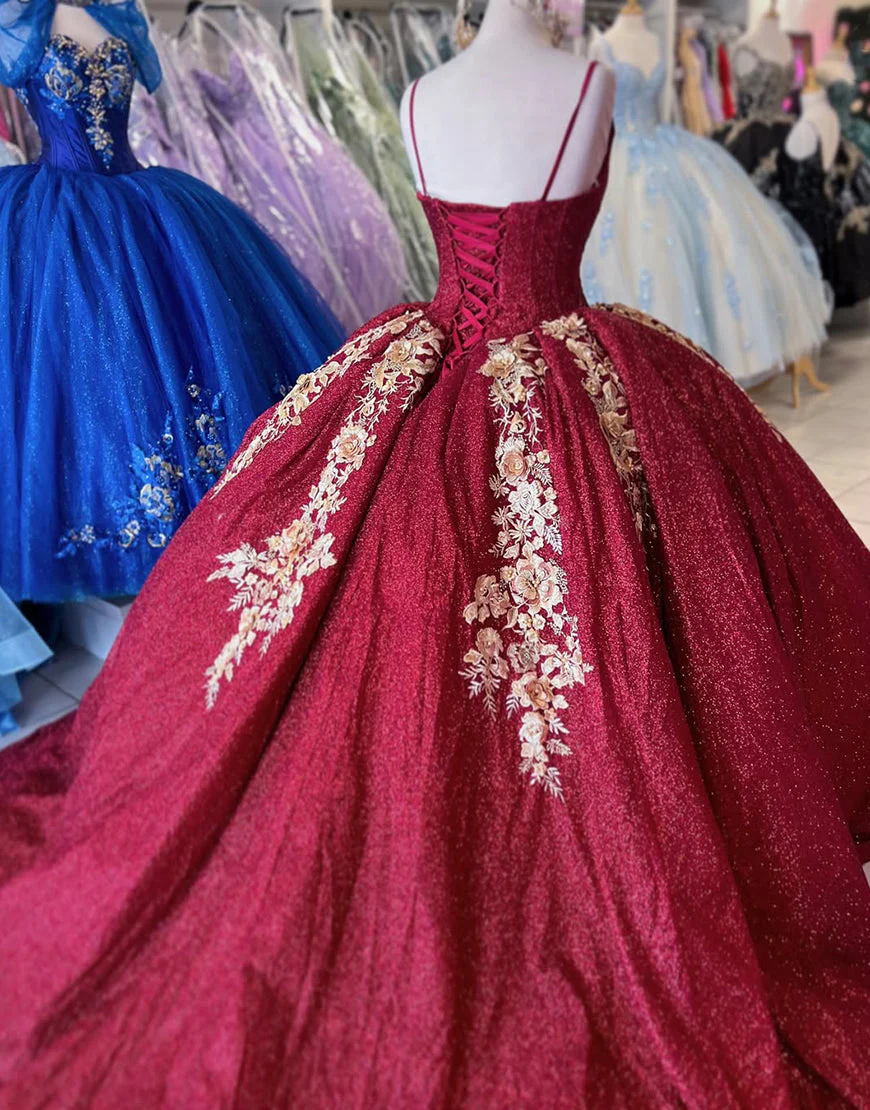 Robe de princesse Quinceanera à paillettes et bretelles spaghetti bordeaux scintillantes – Image 3