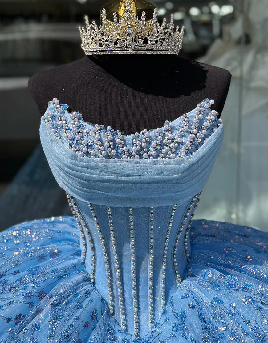 Robe de bal à paillettes bleues scintillantes avec perles – Image 4