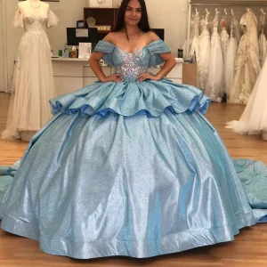 Robe de princesse Quinceanera à paillettes grises et bleues à épaules dénudées