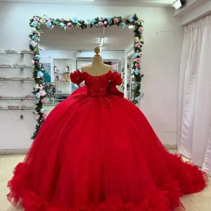 Robe de Quinceanera en tulle à épaules dénudées avec motif floral 3D rouge et nœud