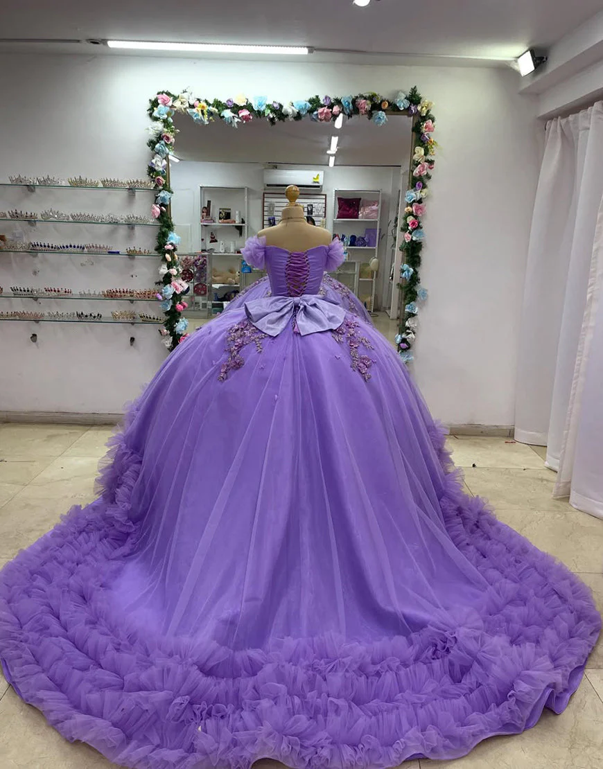Robe de Quinceanera en tulle de princesse à épaules dénudées et nœud – Image 3