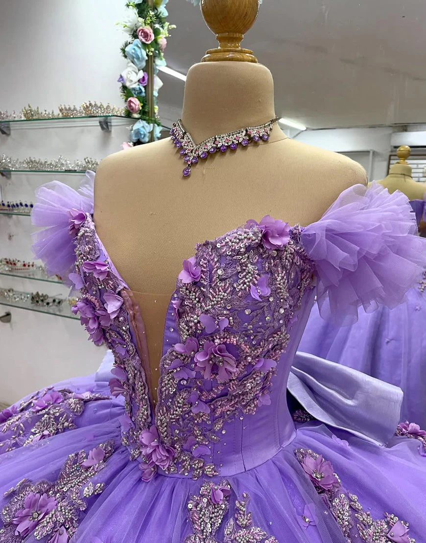 Robe de Quinceanera en tulle de princesse à épaules dénudées et nœud – Image 5