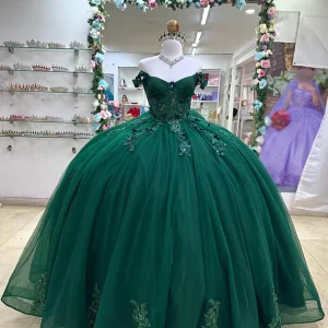 Robe de Quinceanera en tulle vert foncé avec appliques et épaules dénudées