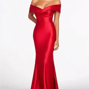 Robe formelle en satin à épaules dénudées sirène rouge