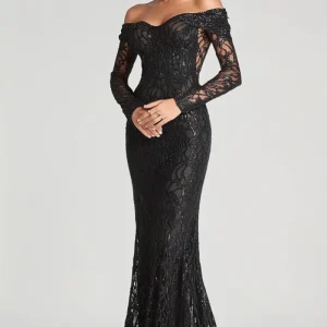 Robe formelle noire fourreau à épaules dénudées en maille et dentelle