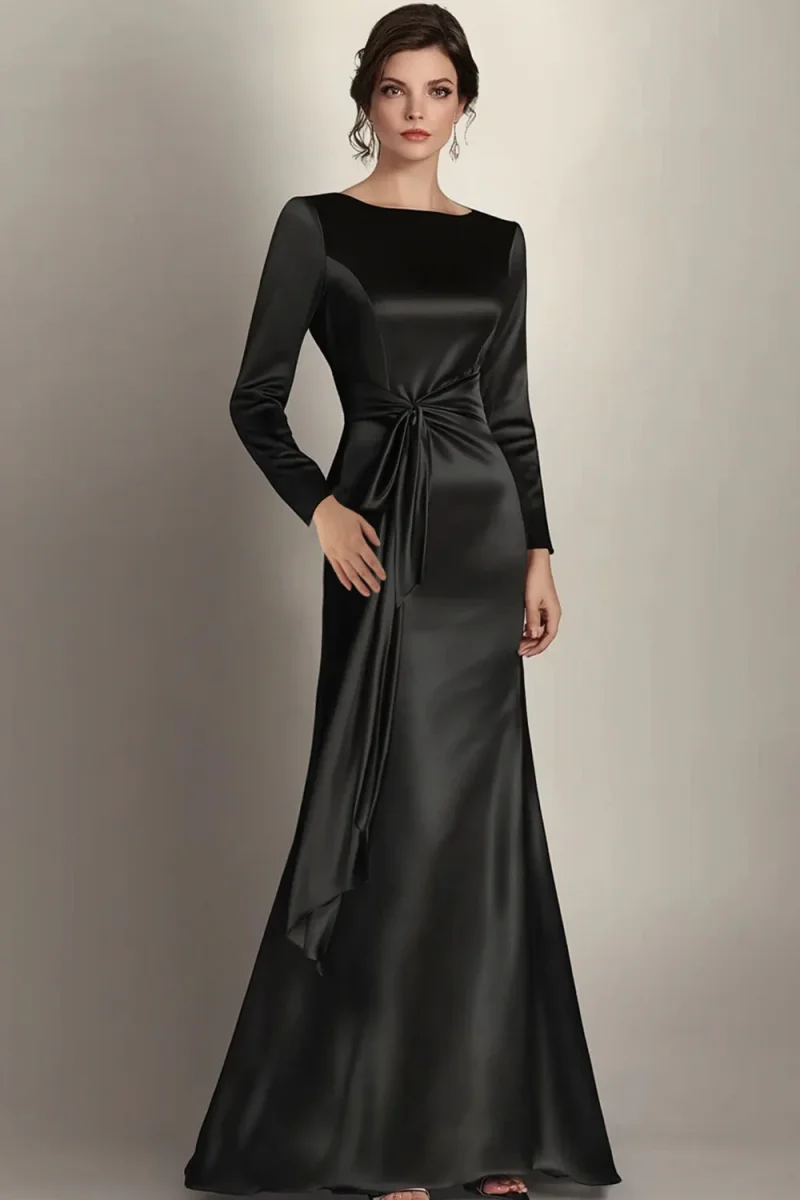 Robe Mère de la mariée en satin satiné noir à manches longues