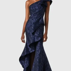 Robe formelle sirène en jacquard satiné bleu marine à une épaule à volants