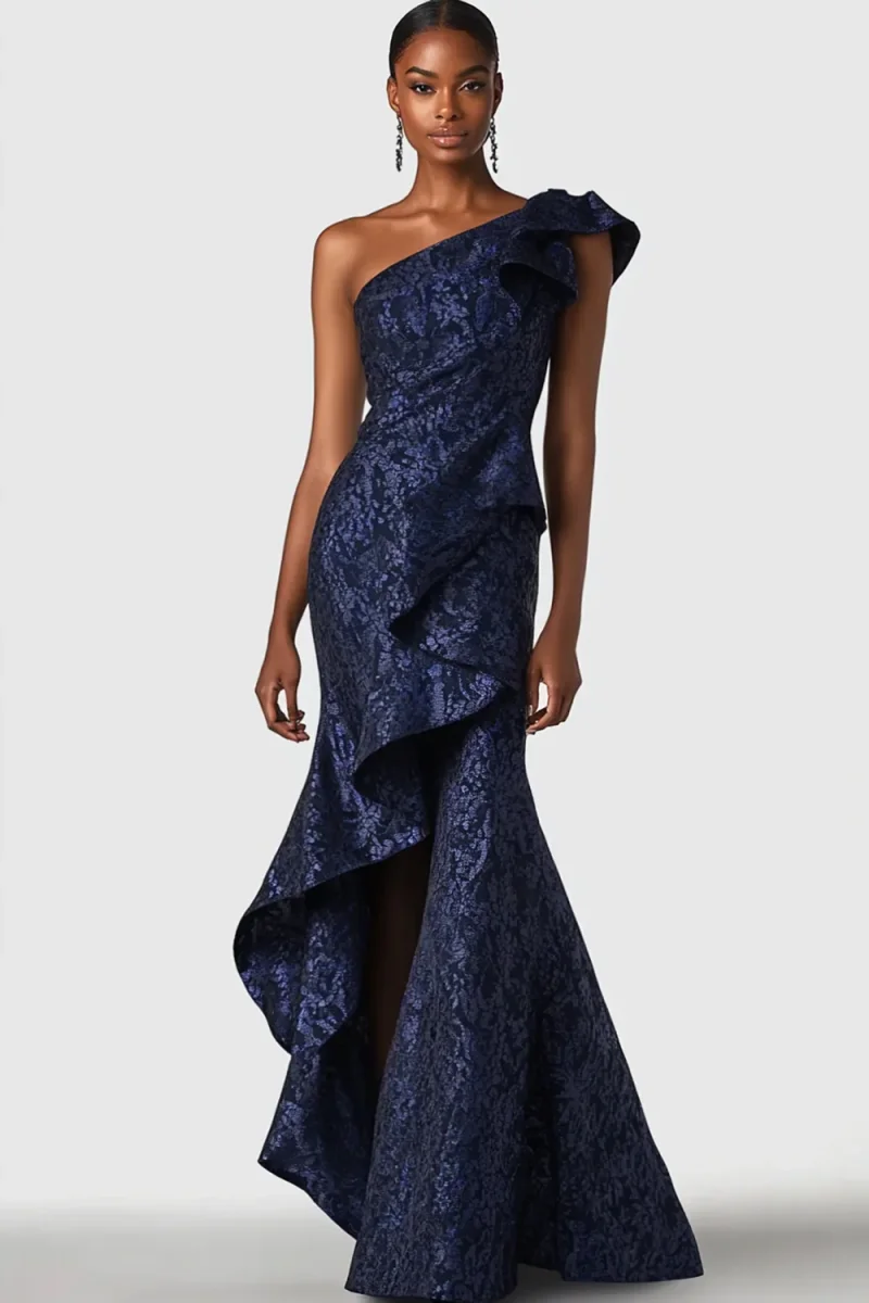 Robe formelle sirène en jacquard satiné bleu marine à une épaule à volants – Image 2