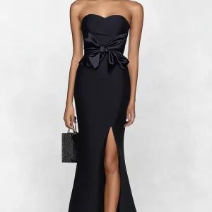Duchesse Satin Sirène Noeud Robe Formelle Sans Bretelles Noir Avec Fente