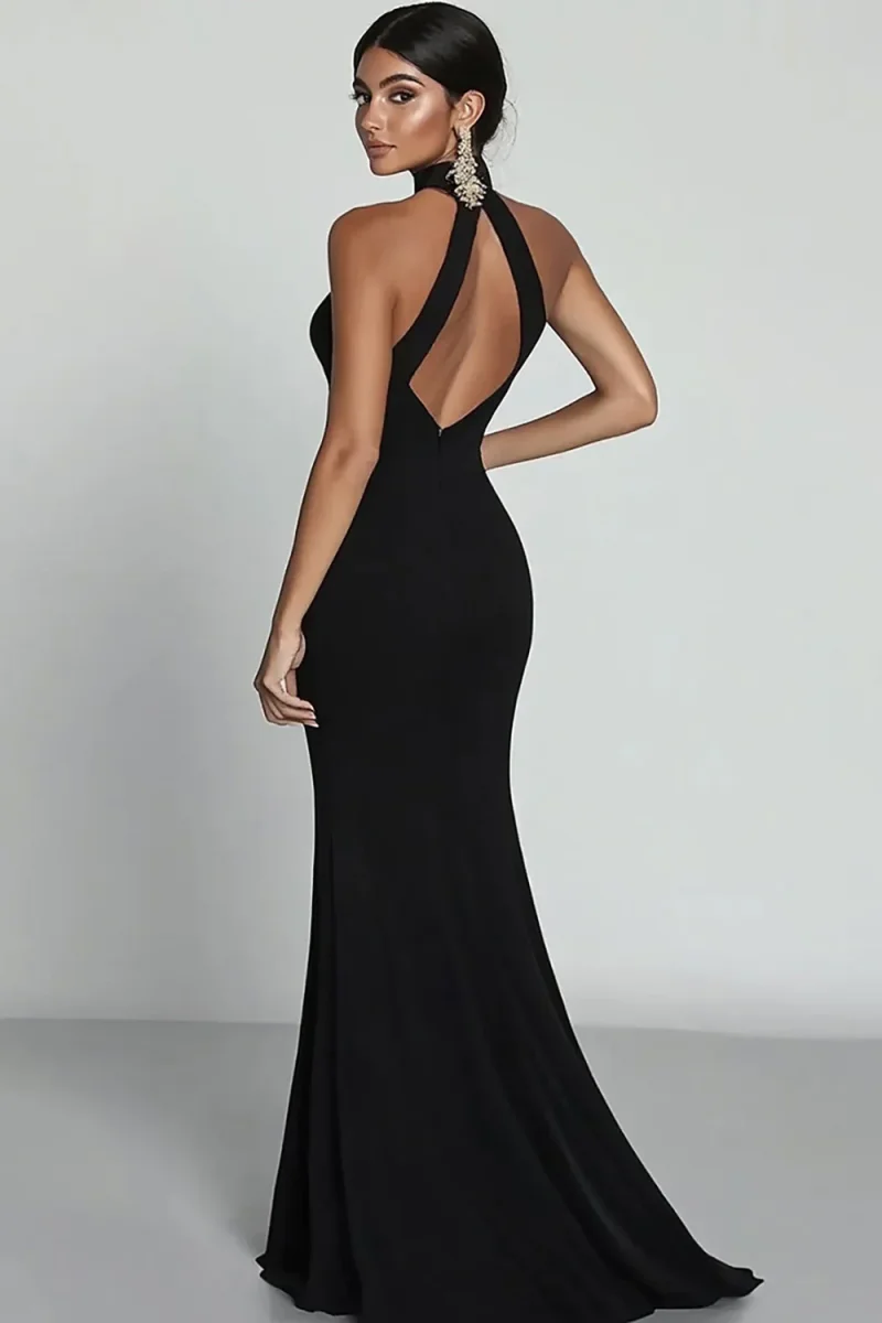 Robe formelle noire sirène dos nu en satin – Image 3