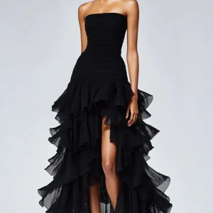 Robe formelle à volants en tulle sans bretelles noir