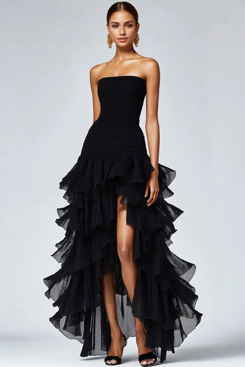 Robe formelle à volants en tulle sans bretelles noir – Image 2