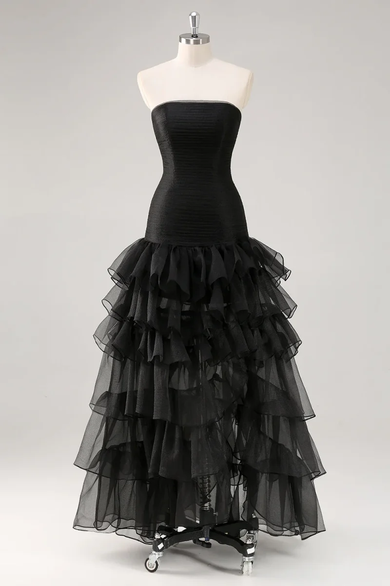 Robe formelle à volants en tulle sans bretelles noir – Image 4