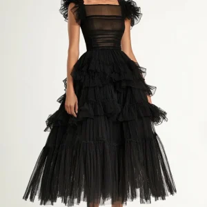 Noir A-ligne Manches Plus Plates Volants Tulle Thé Longueur Robe Formelle