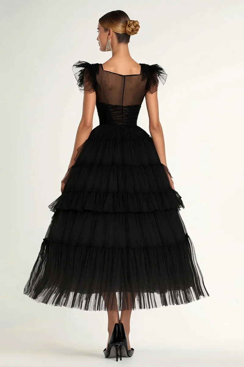 Noir A-ligne Manches Plus Plates Volants Tulle Thé Longueur Robe Formelle – Image 3