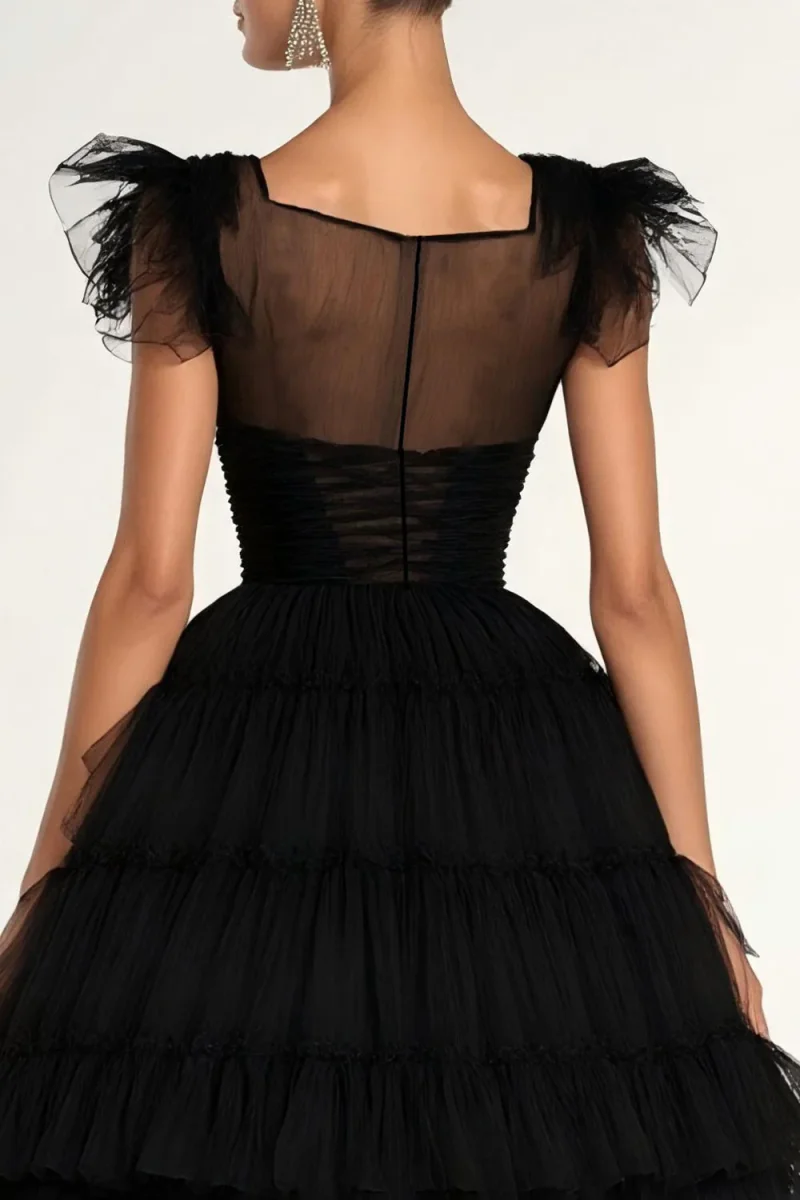 Noir A-ligne Manches Plus Plates Volants Tulle Thé Longueur Robe Formelle – Image 5