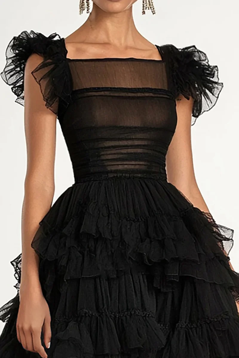Noir A-ligne Manches Plus Plates Volants Tulle Thé Longueur Robe Formelle – Image 4