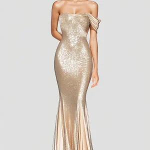 Robe formelle plissée à épaules dénudées champagne sirène scintillante avec paillettes