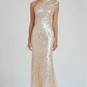 Robe formelle sirène champagne scintillante à une épaule avec paillettes