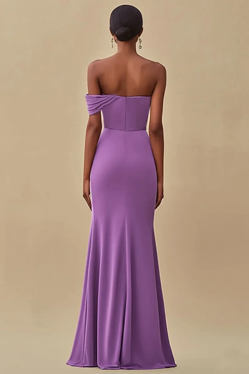 Robe longue formelle sirène violette à épaules dénudées avec fente – Image 3