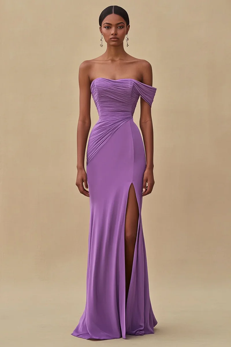 Robe longue formelle sirène violette à épaules dénudées avec fente