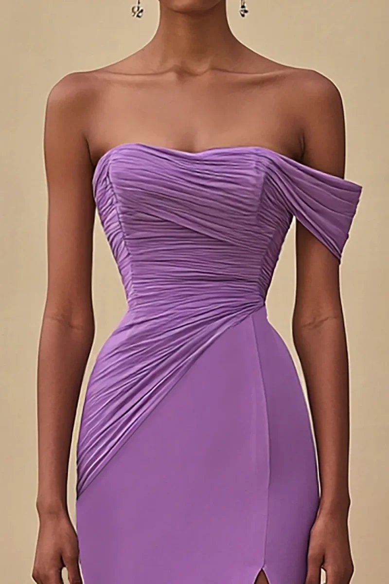 Robe longue formelle sirène violette à épaules dénudées avec fente – Image 4