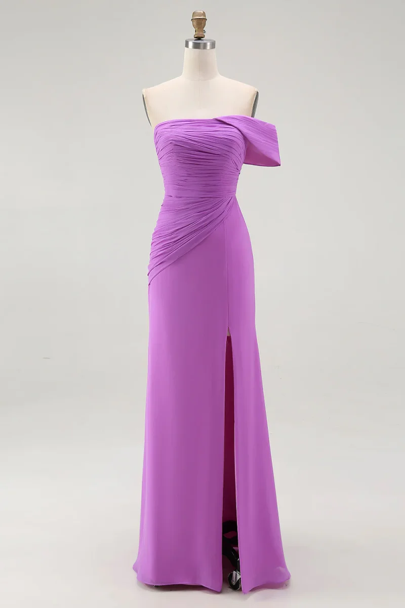 Robe longue formelle sirène violette à épaules dénudées avec fente – Image 5
