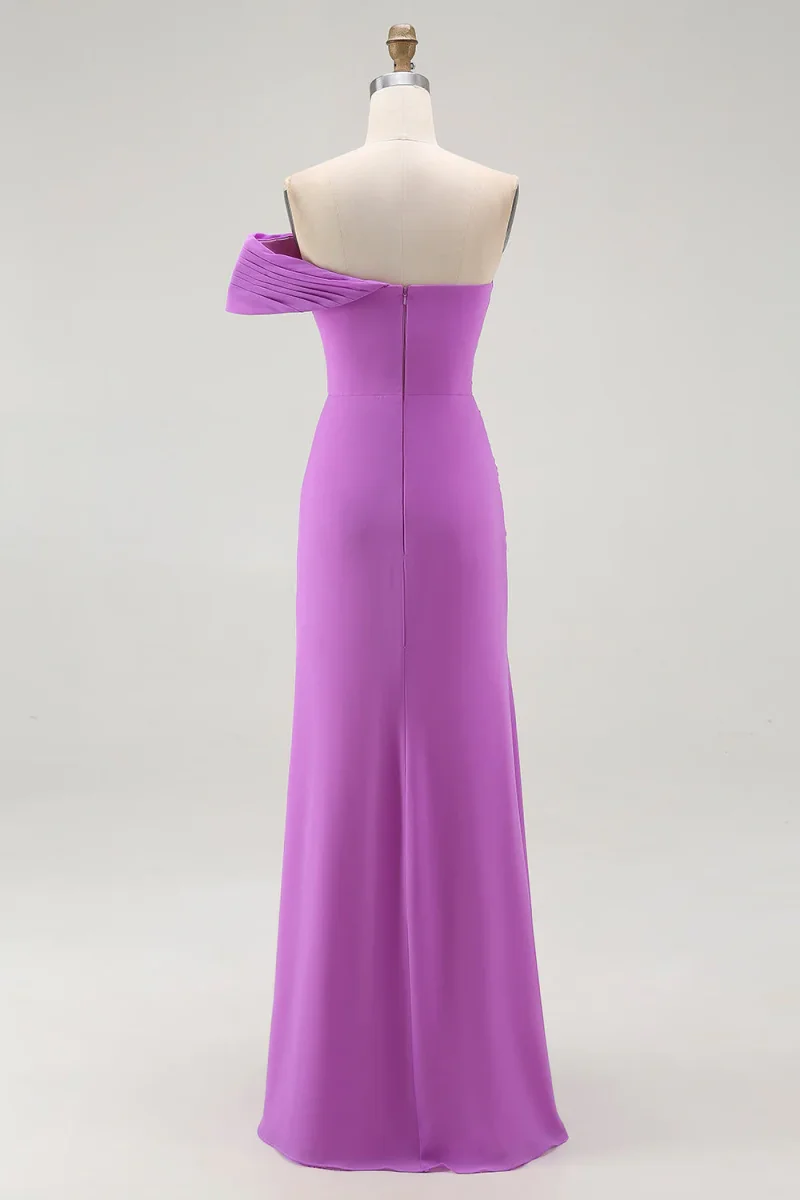Robe longue formelle sirène violette à épaules dénudées avec fente – Image 6