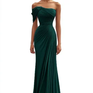 Sirène vert foncé à une épaule plissée longue formelle